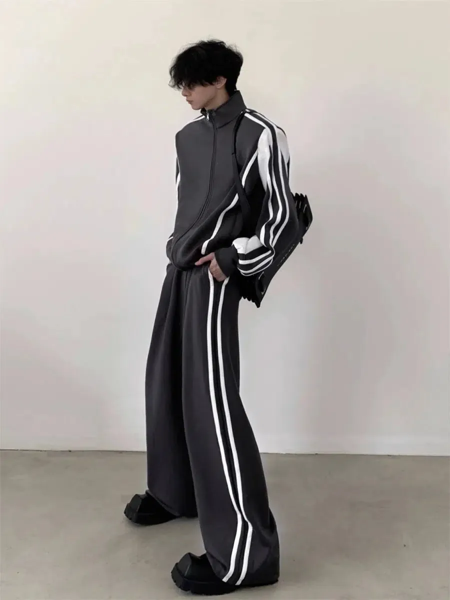 Standing-collar Sporty Jacket & Wide-leg Sporty Pants Setup WN2665