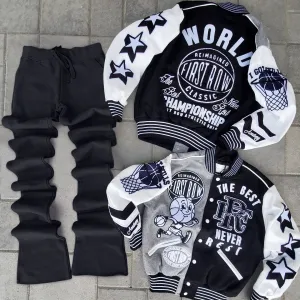 Stylish Contrast Color Baseball Jacket and Flared Pants Suit