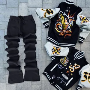 Stylish contrasting color baseball jacket and flared pants suit