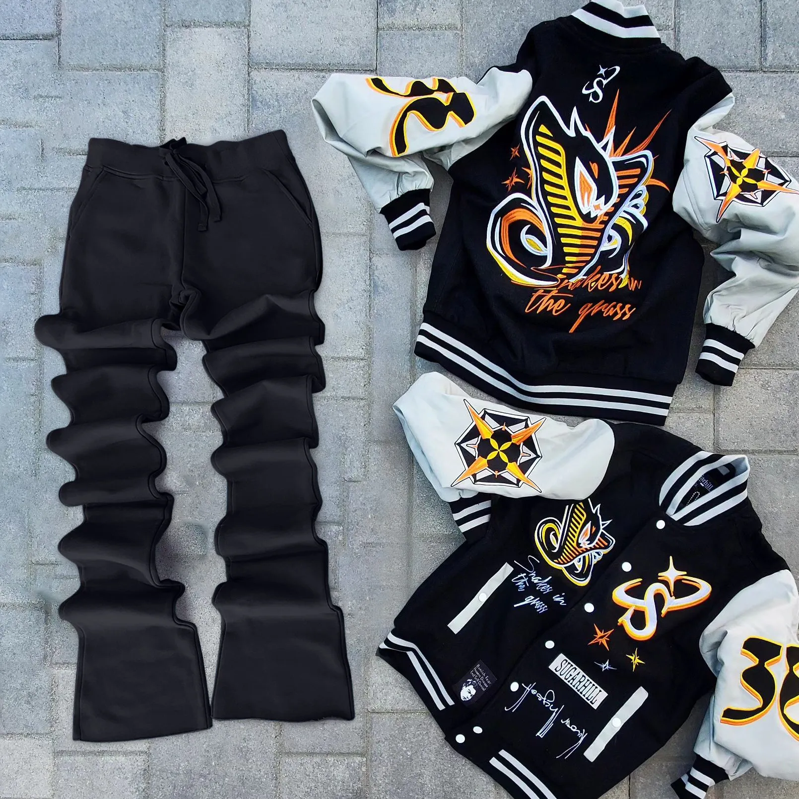Stylish contrasting color baseball jacket and flared pants suit