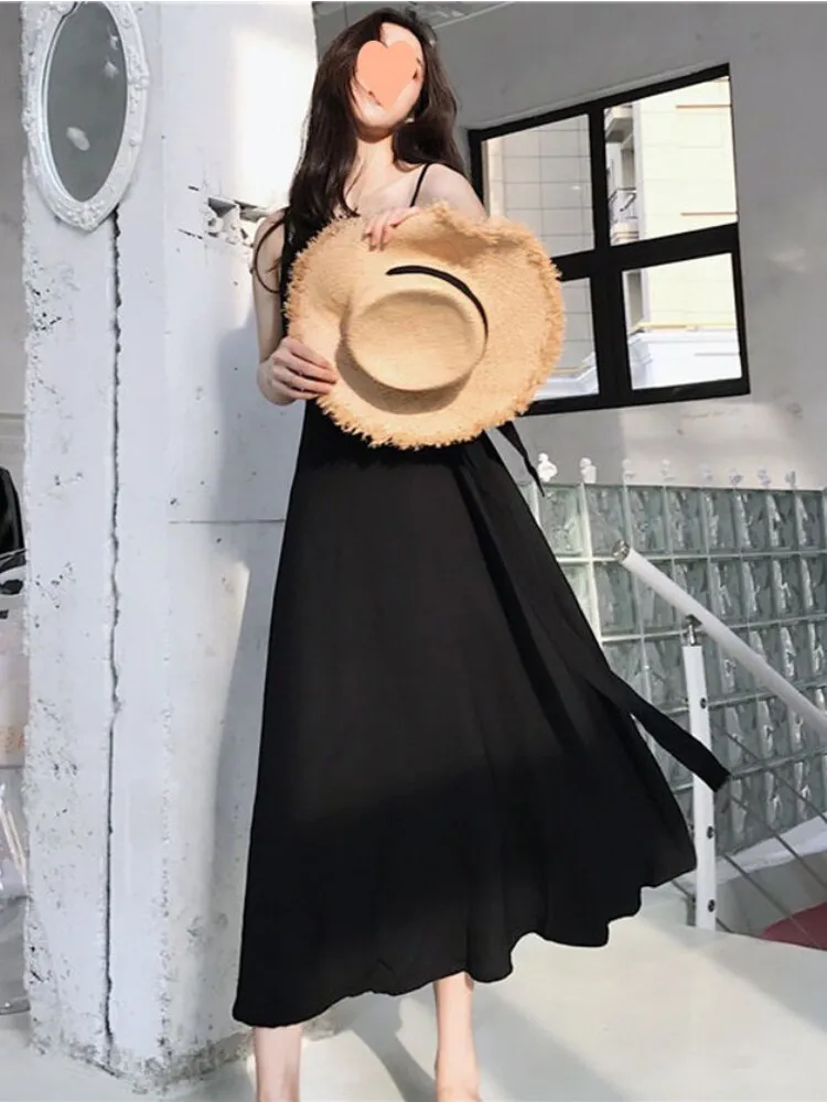 Summer Dresses for Women 2023 Temperament Little Black Dress High Waist Sling Backless Sexy Dress Beach Holiday Party Dresses