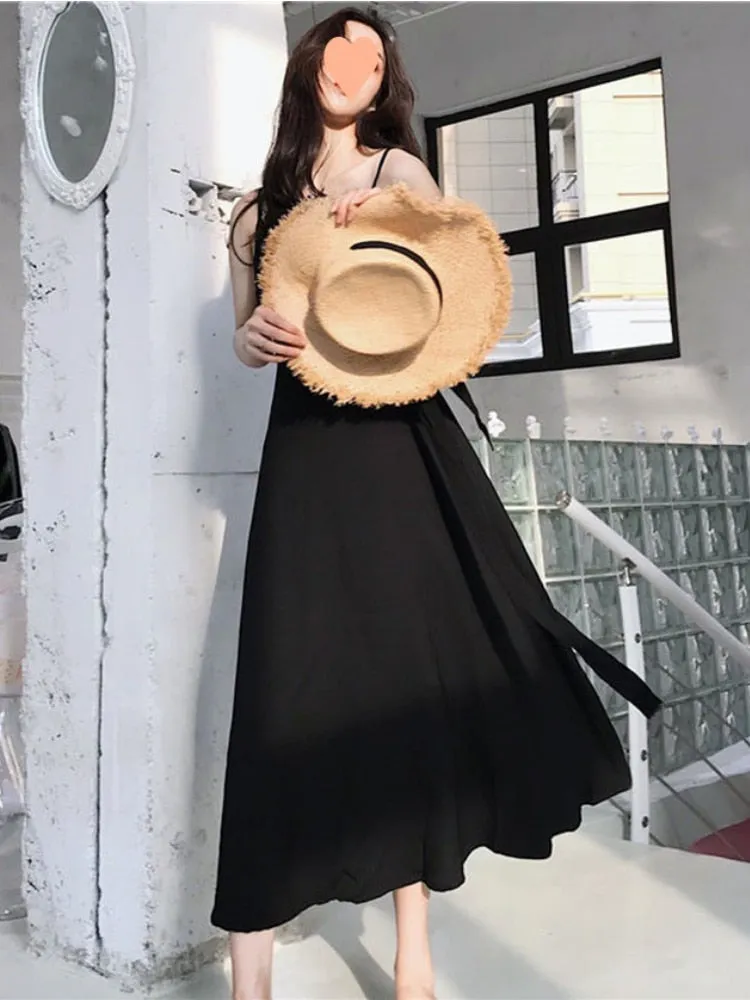 Summer Dresses for Women 2023 Temperament Little Black Dress High Waist Sling Backless Sexy Dress Beach Holiday Party Dresses