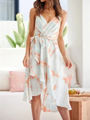 Summer Dresses Woman 2022 Print Dress V-neck Waist Skirt Fashion Leisure Holiday Women's Dress Robe White Dress Office Lady