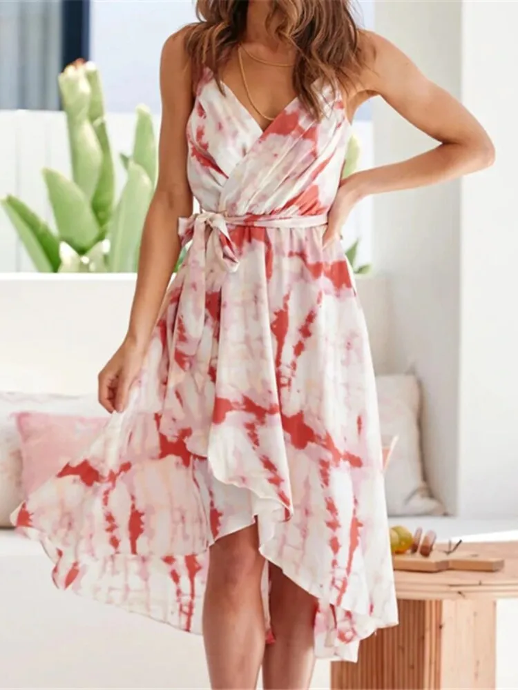 Summer Dresses Woman 2022 Print Dress V-neck Waist Skirt Fashion Leisure Holiday Women's Dress Robe White Dress Office Lady