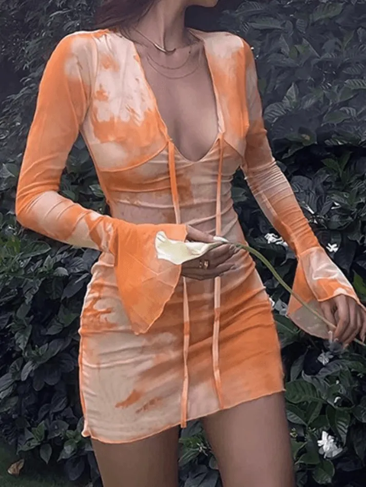 Uniwim Abstract-Print Flared-Sleeve Tie Dress