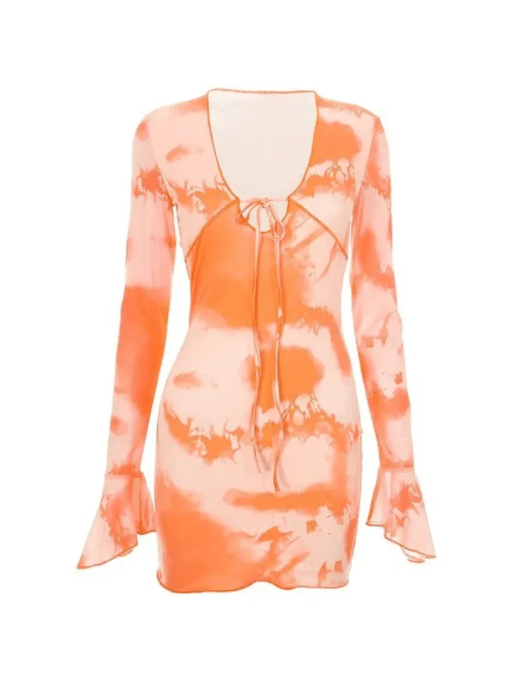 Uniwim Abstract-Print Flared-Sleeve Tie Dress