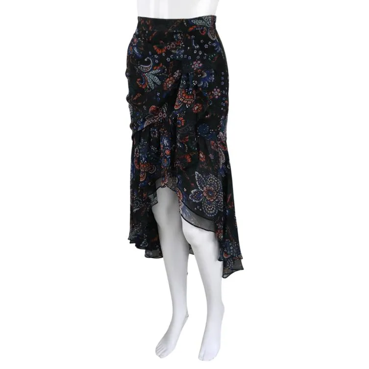 Veronica Beard Women's Tiare Floral Asymmetric Silk Midi Skirt Black Multi Sz 12