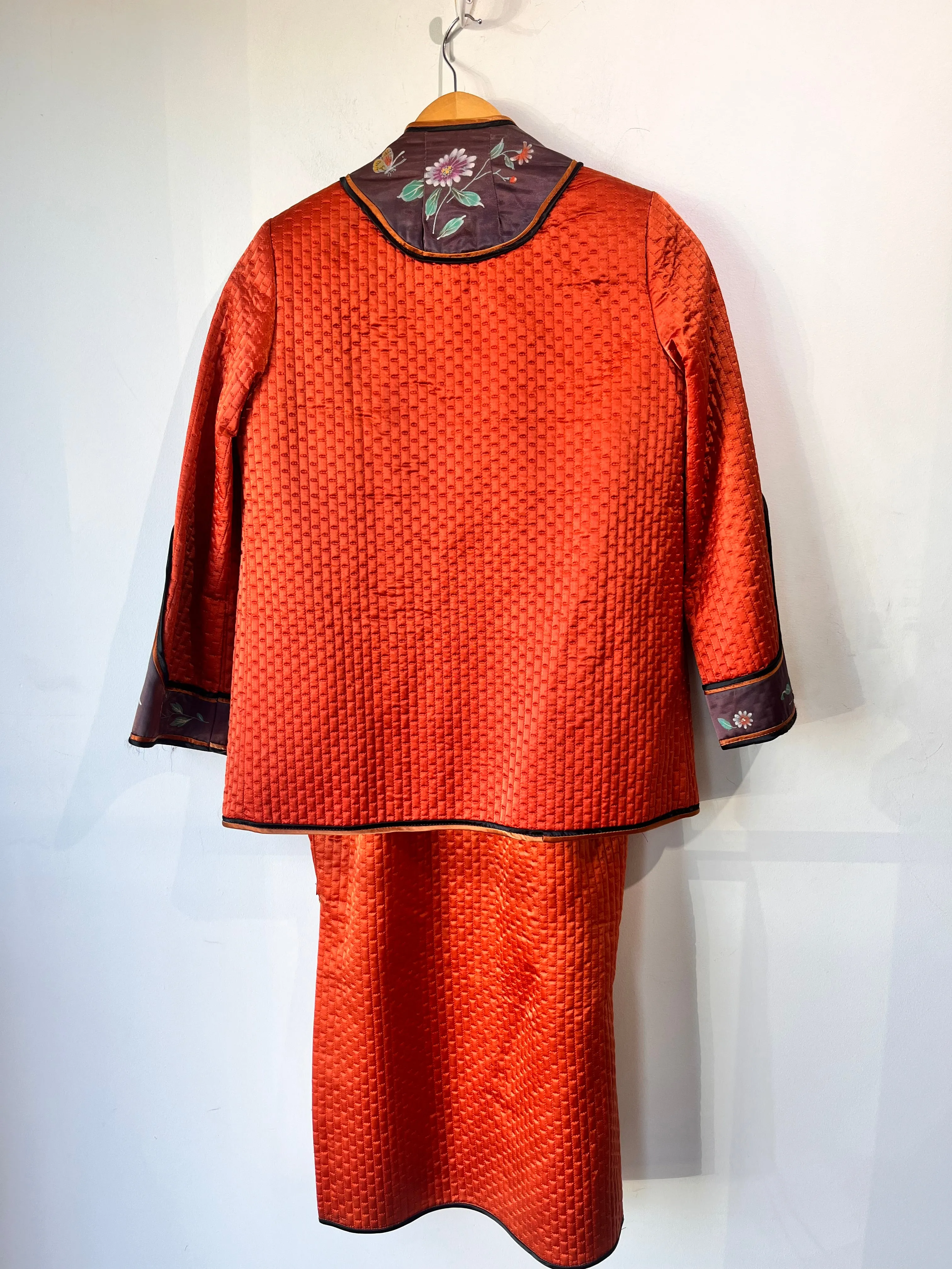 Vintage Hand Painted Rust Quilted Two Piece Jacket and Dress