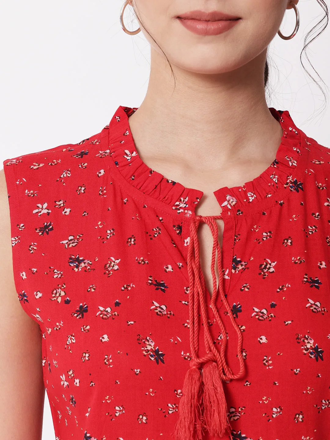 Women Red Floral Print Tie-Up Neck Top