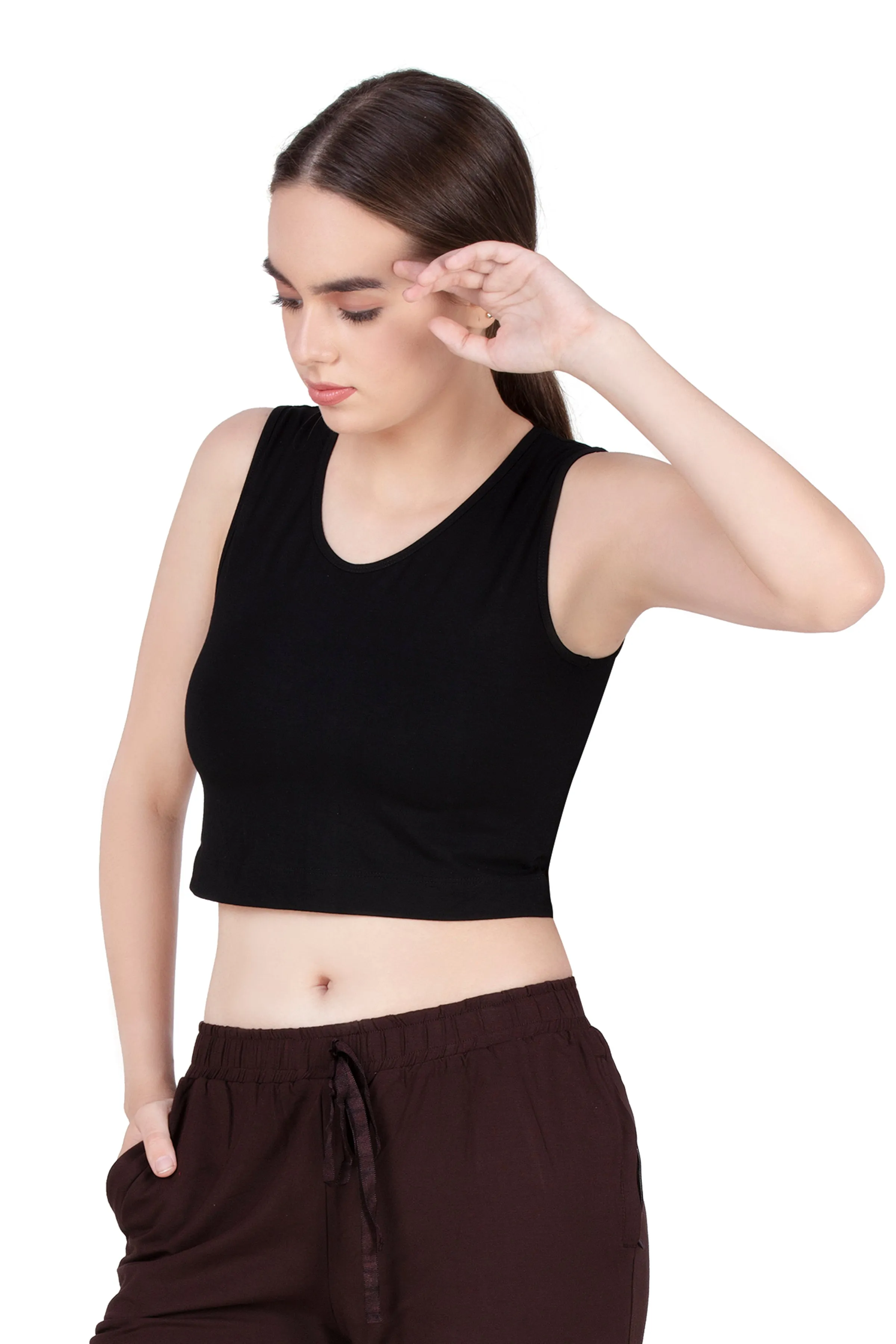 WOMEN SOLID SLEEVE LESS CROP TANK TOP