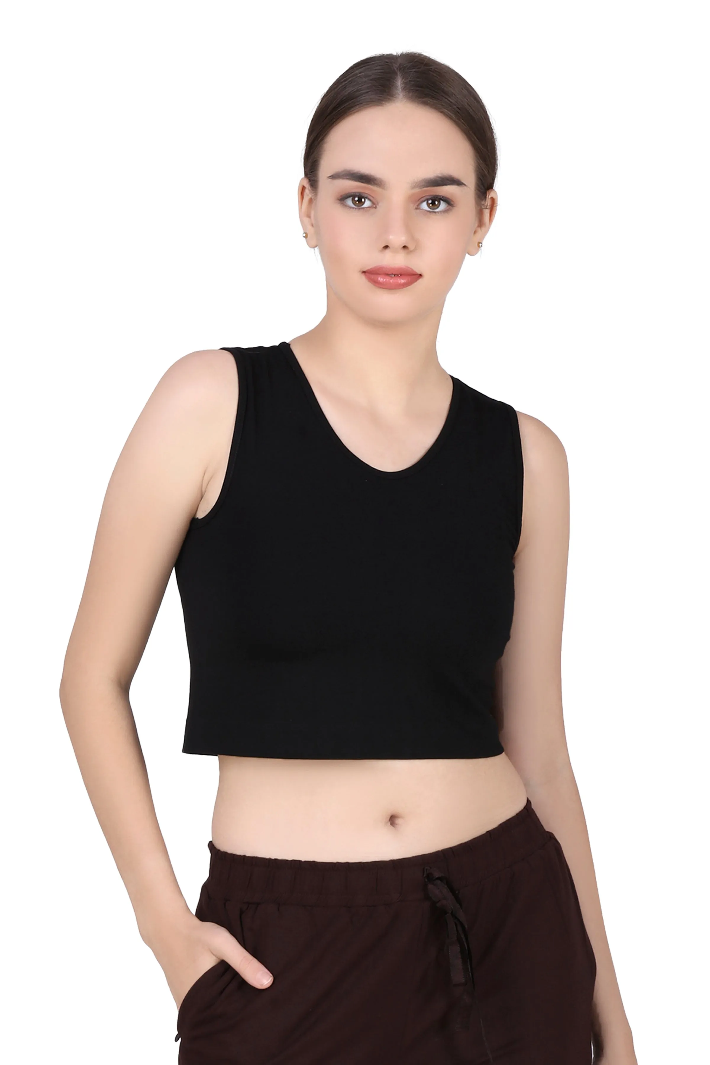 WOMEN SOLID SLEEVE LESS CROP TANK TOP