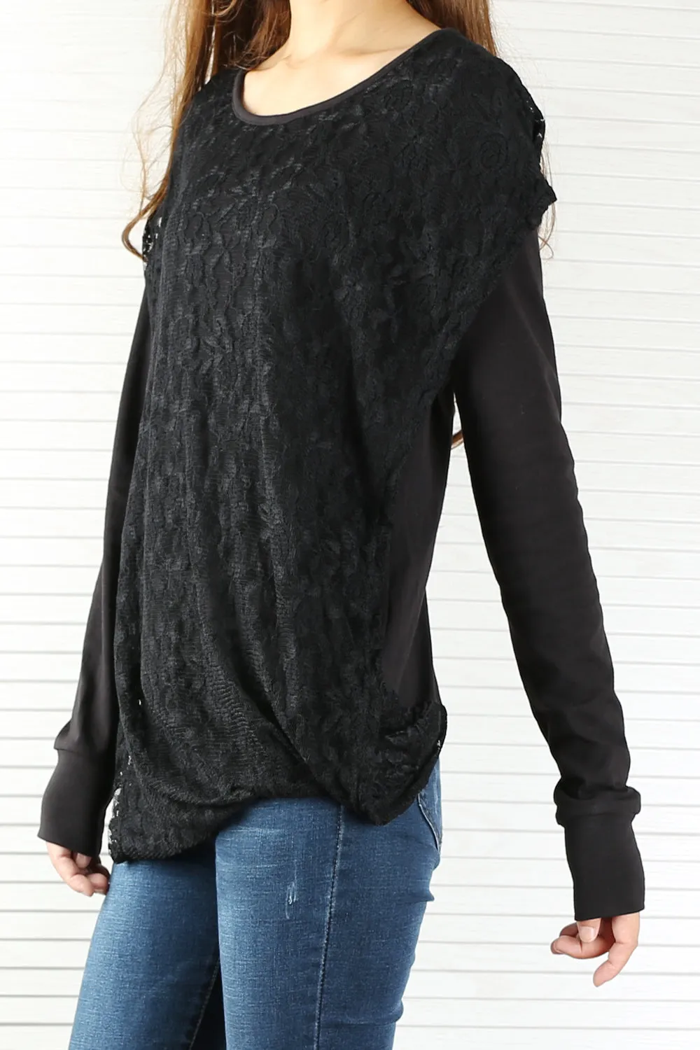 Womens Lace Cotton Hoodie/cotton Top/Oversized Plus size Sweatshirt/Casual Top/Customized T-shirt/Asymmetry clothing/Boho t-shirt/Long Sleeve Shirt(Y3118S)