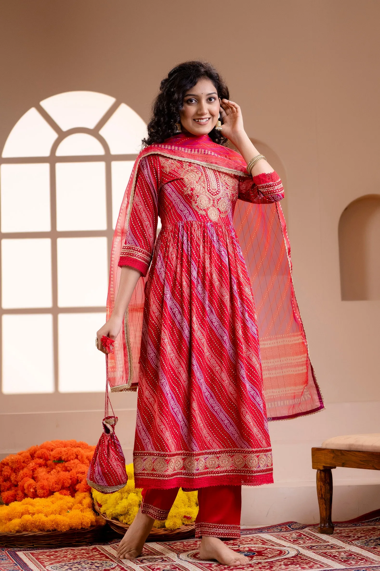 Women's Rayon Red Nyara Cut A-line Kurta, Pant and Dupatta With Fancy Potli Set
