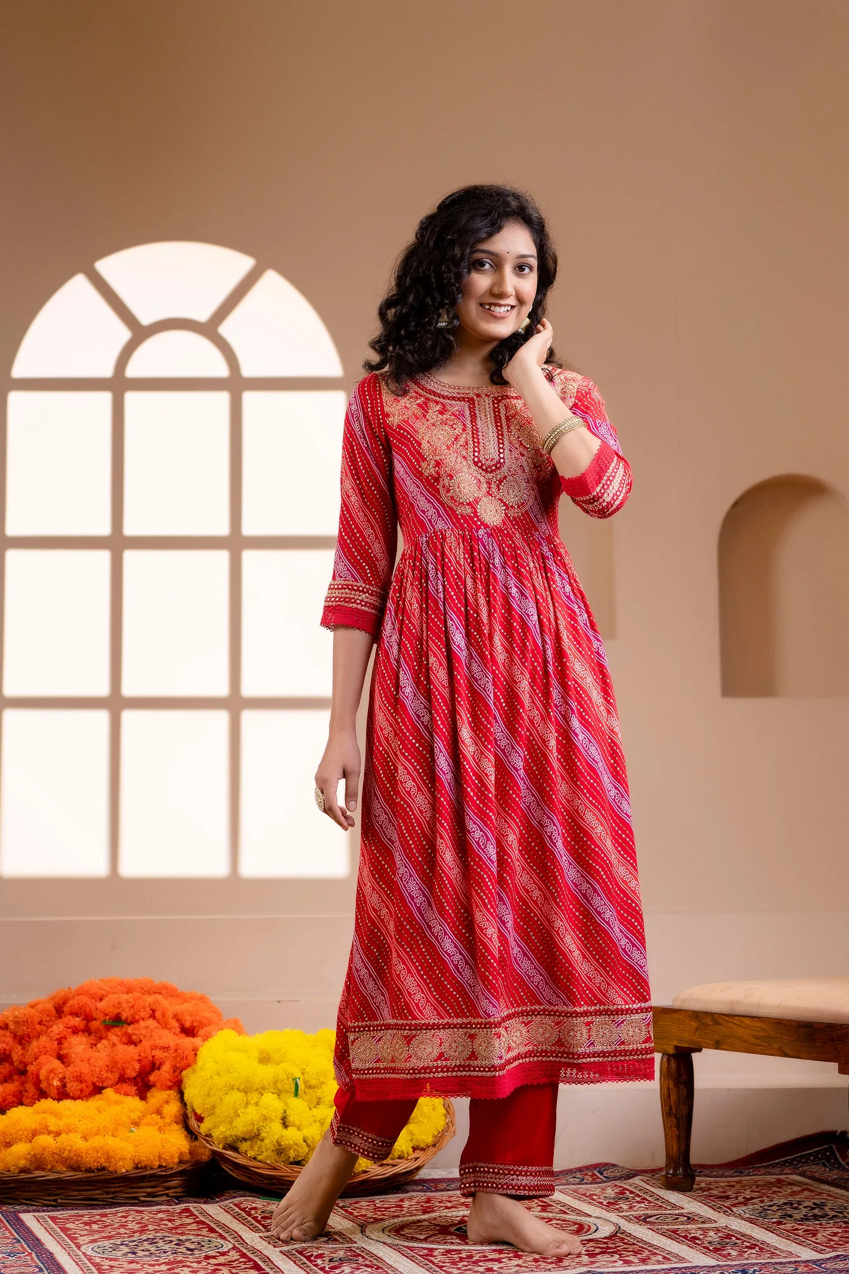 Women's Rayon Red Nyara Cut A-line Kurta, Pant and Dupatta With Fancy Potli Set