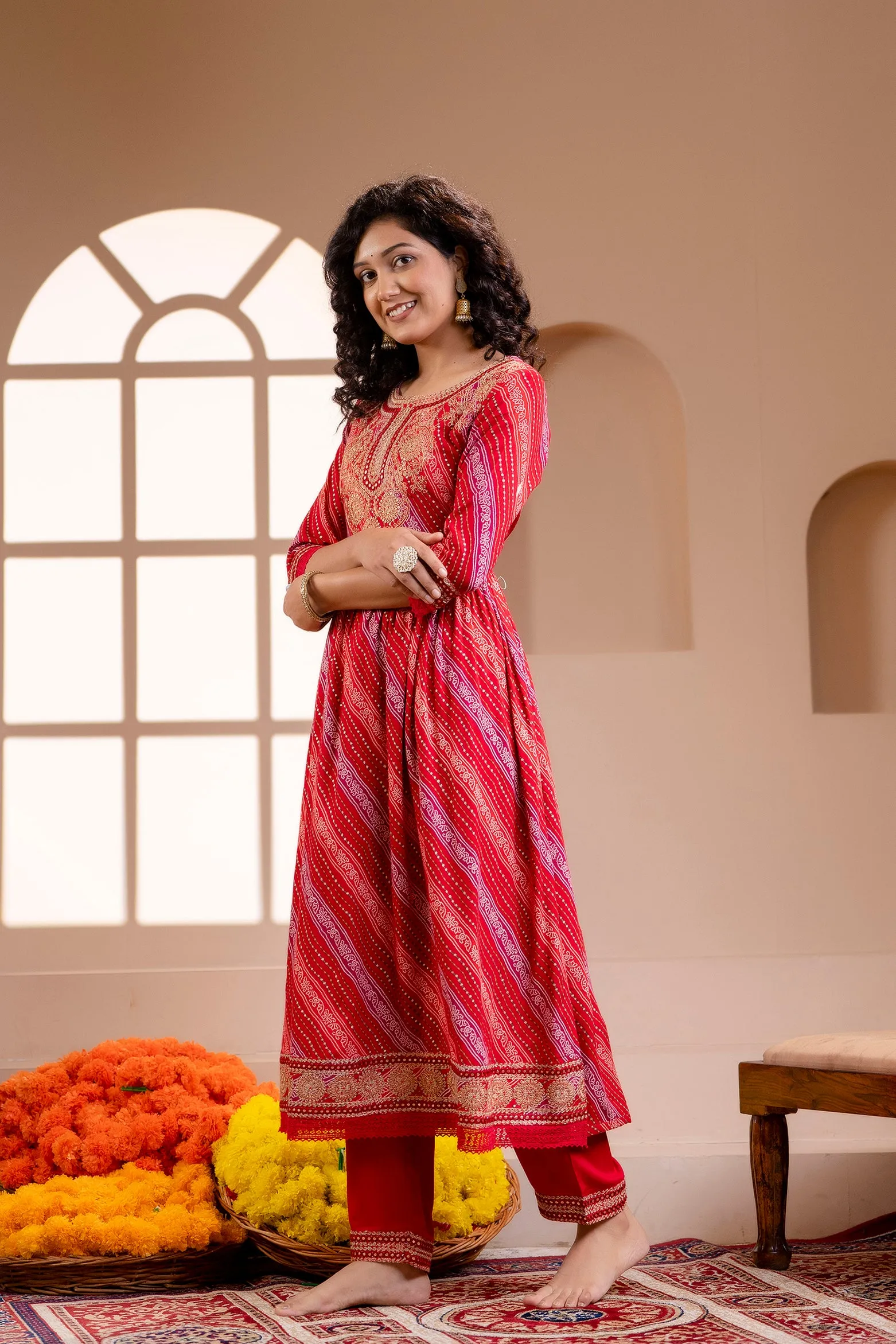 Women's Rayon Red Nyara Cut A-line Kurta, Pant and Dupatta With Fancy Potli Set
