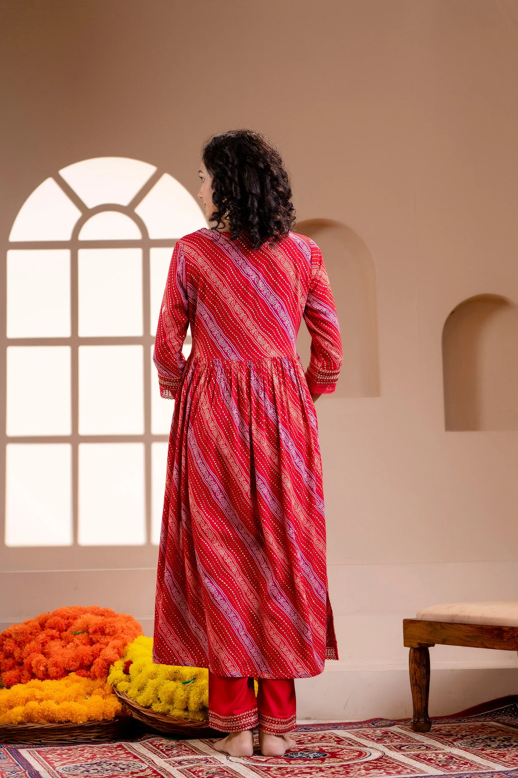 Women's Rayon Red Nyara Cut A-line Kurta, Pant and Dupatta With Fancy Potli Set
