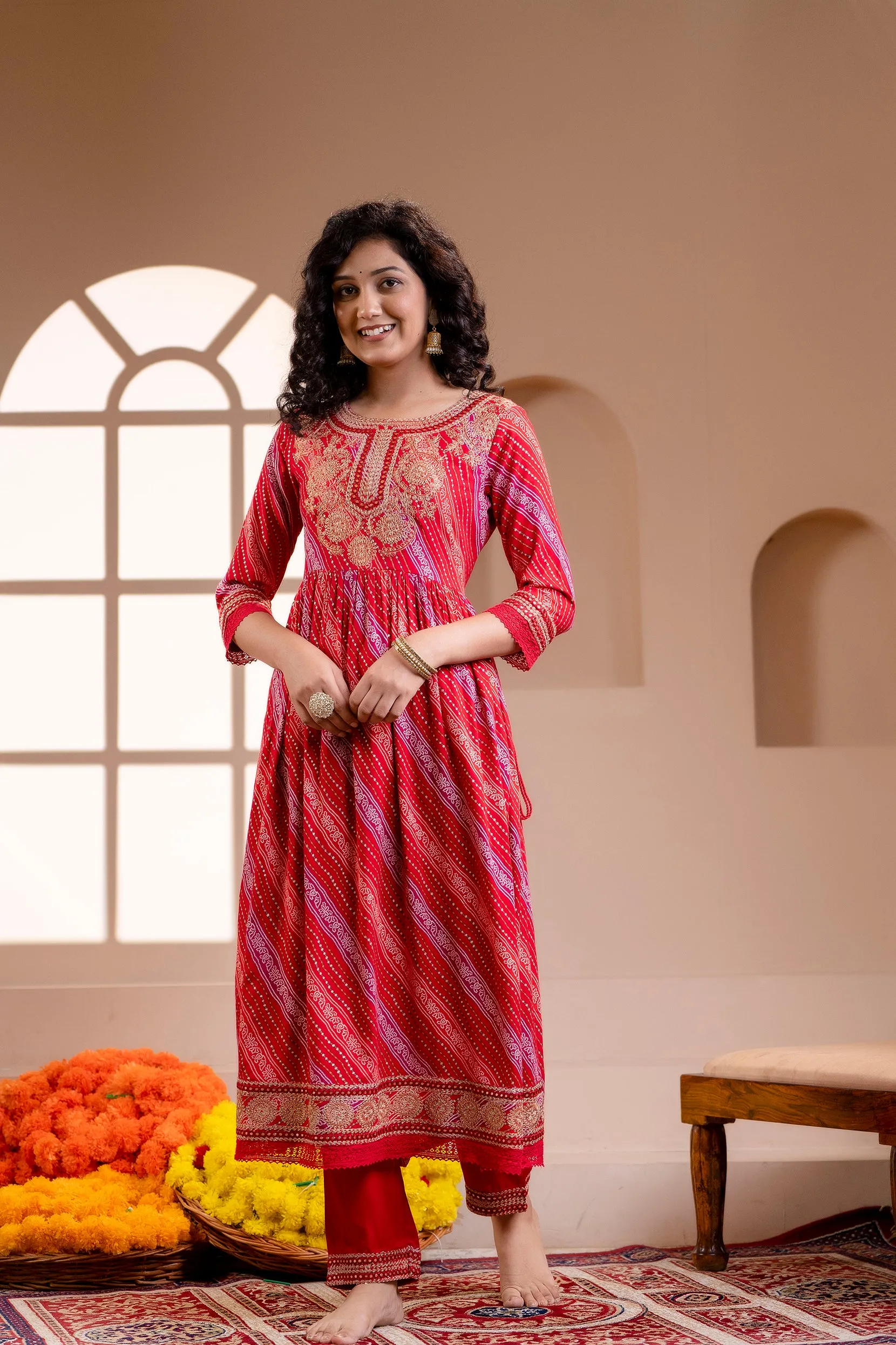 Women's Rayon Red Nyara Cut A-line Kurta, Pant and Dupatta With Fancy Potli Set