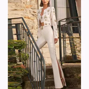 Women’s Split Flared Pants Blazer Suit - Beading, Rhinestone Detailing