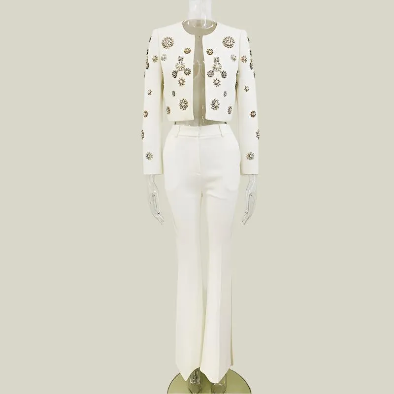 Women’s Split Flared Pants Blazer Suit - Beading, Rhinestone Detailing