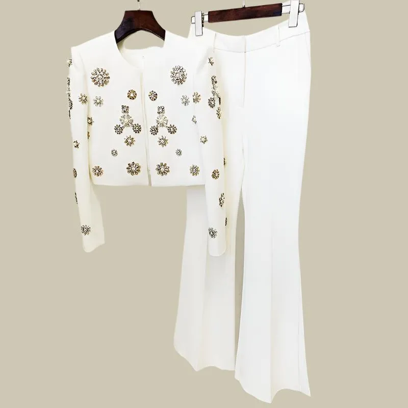 Women’s Split Flared Pants Blazer Suit - Beading, Rhinestone Detailing