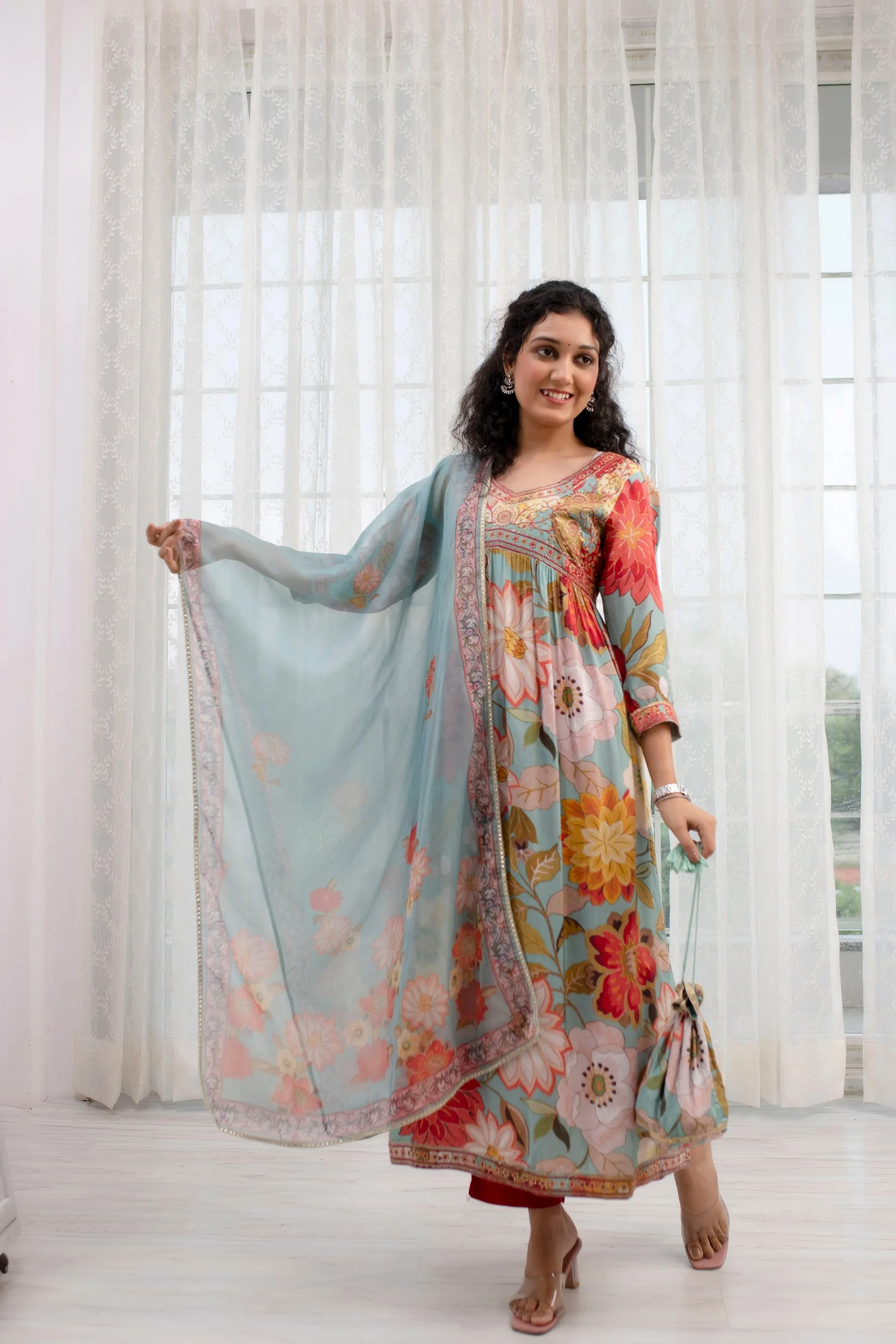 Womens Viscose Muslin Multicolor Alia Cut A-line Kurta Pant and Dupatta With Fancy Potli Set