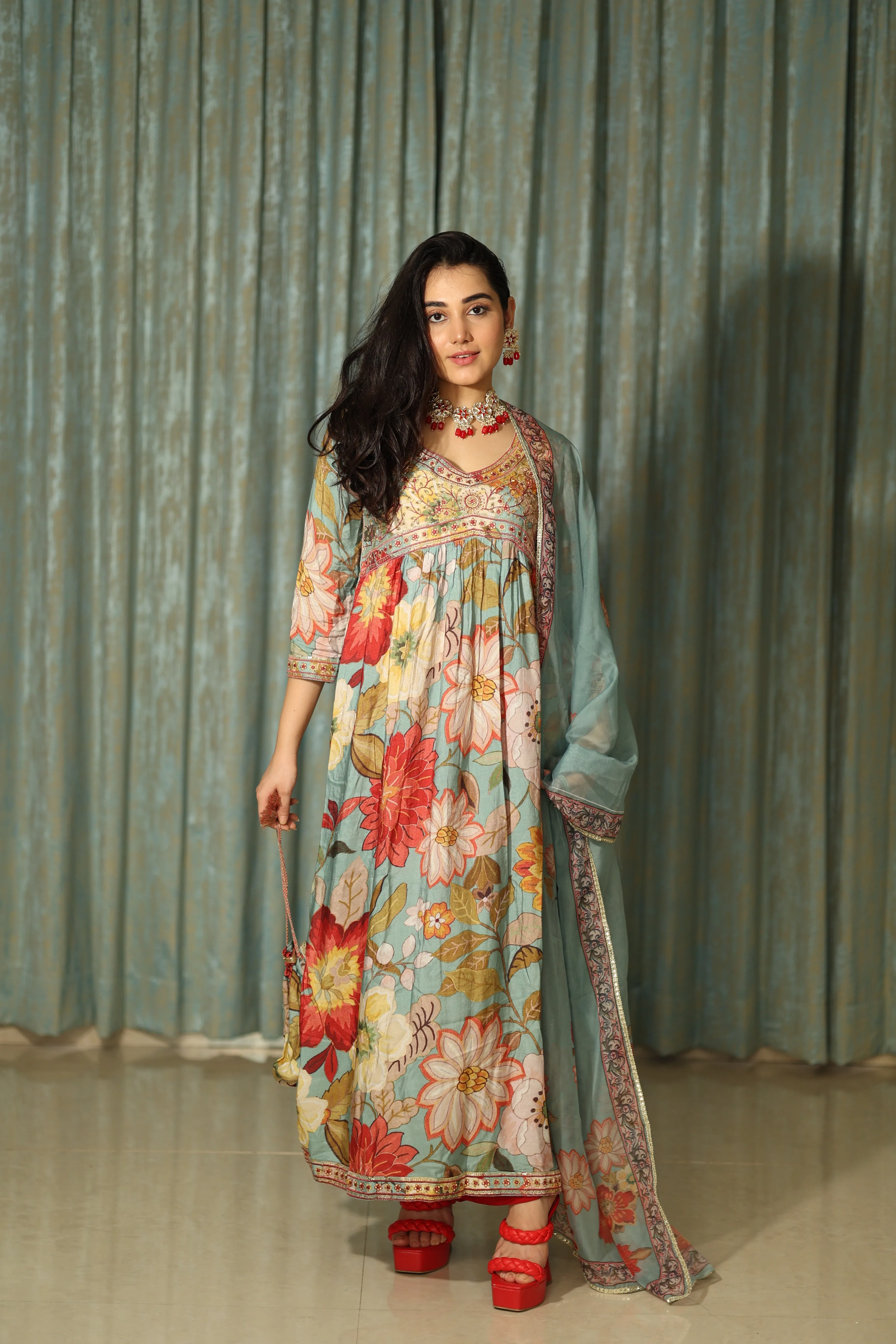Womens Viscose Muslin Multicolor Alia Cut A-line Kurta Pant and Dupatta With Fancy Potli Set