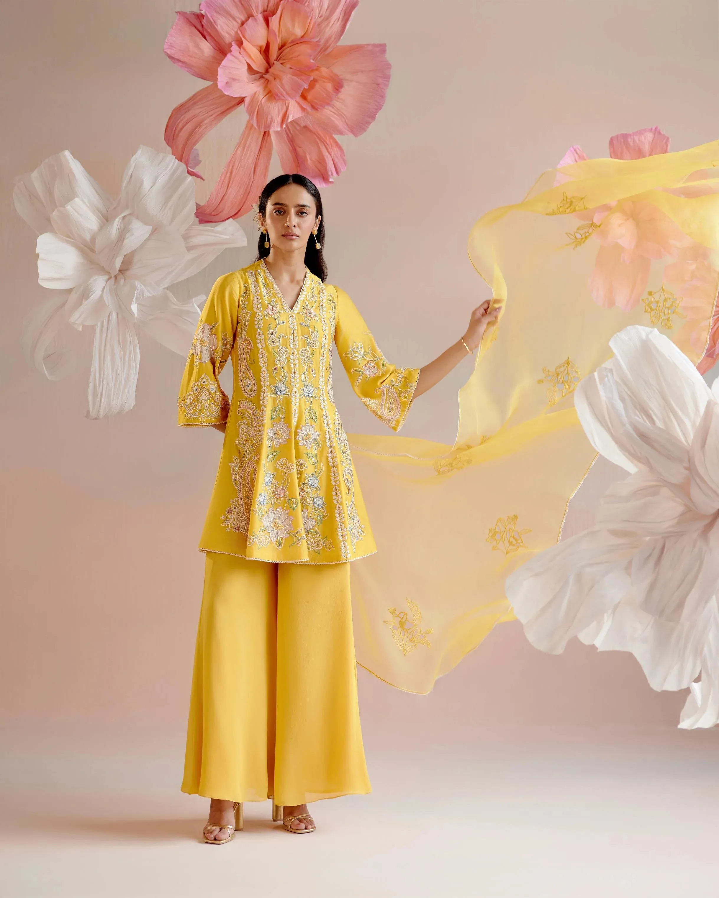 Yellow Contrast Embroidered Flared Short Kurta With Sharara Pants